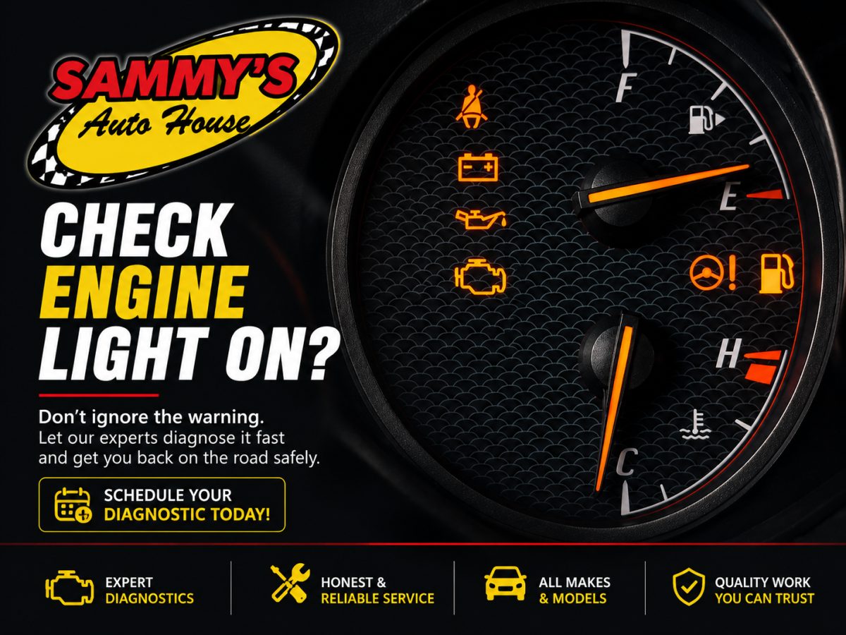 A close-up of a car instrument cluster with illuminated warning icons and accompanying promotional text asking 'CHECK ENGINE LIGHT ON?'.