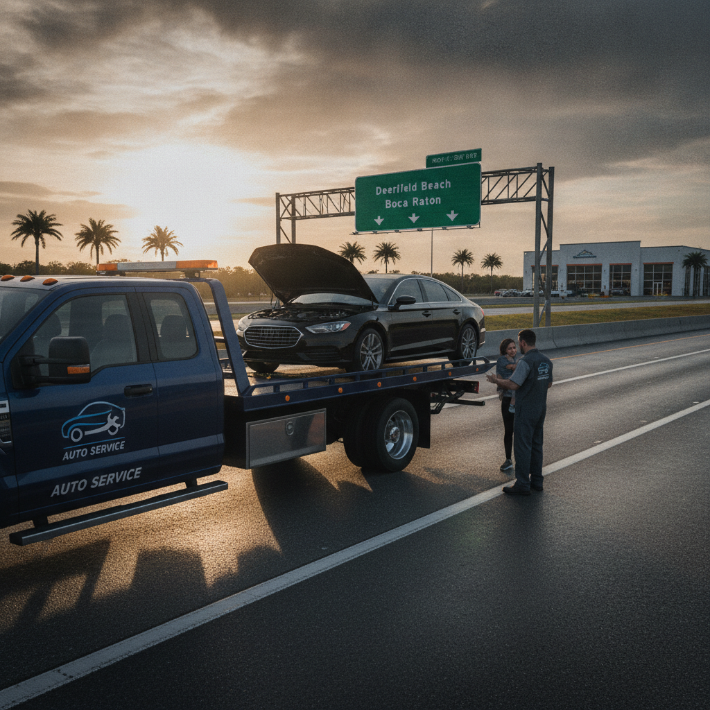 A flatbed tow truck is loading a dark sedan with its hood open on a highway at sunset while two people stand nearby and a road sign for Deerfield Beach and Boca Raton is visible.