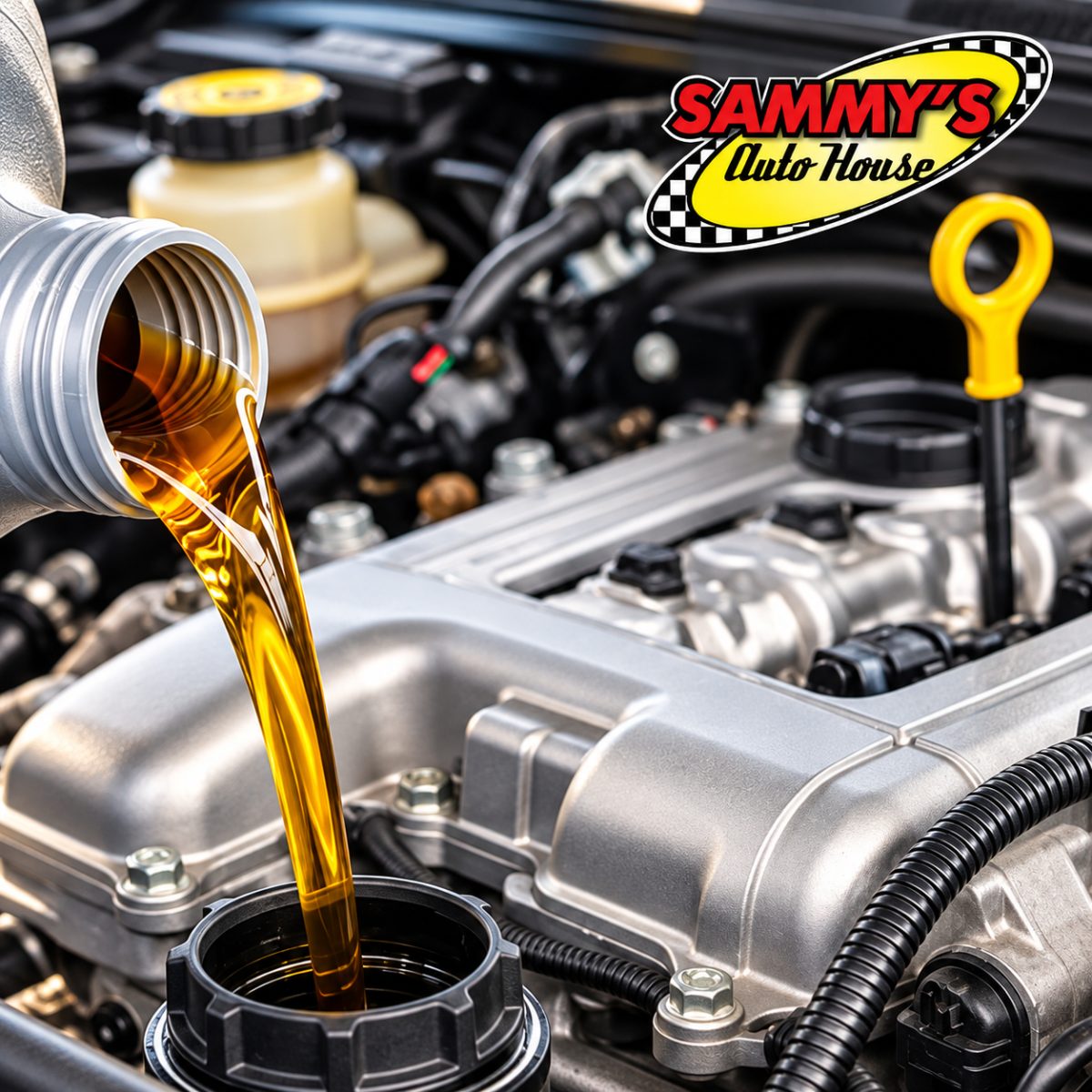 Motor oil is being poured into an engine oil filler cap inside a car engine, with a yellow dipstick and the Sammy's Auto House logo visible.